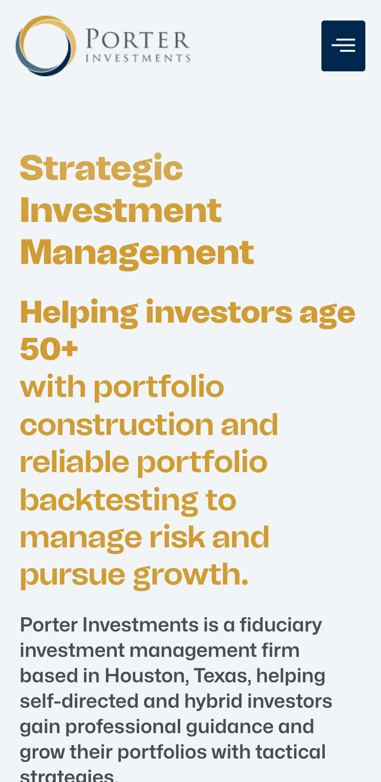 Porter Investments website on mobile