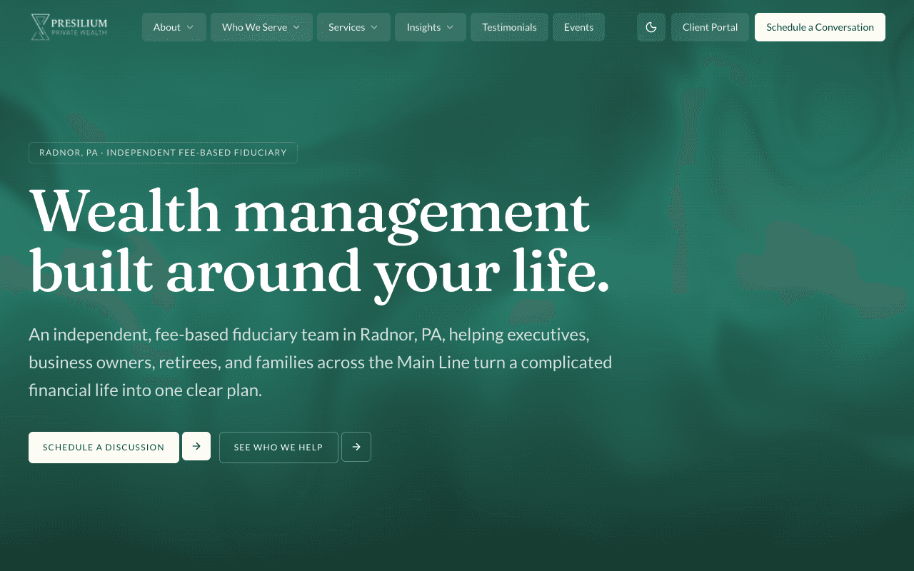 Presilium Private Wealth website on desktop